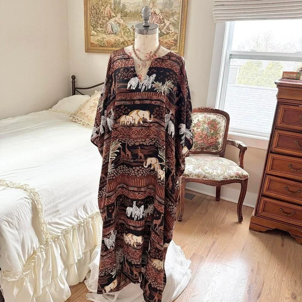 70s brown‎ animal print kaftan one size